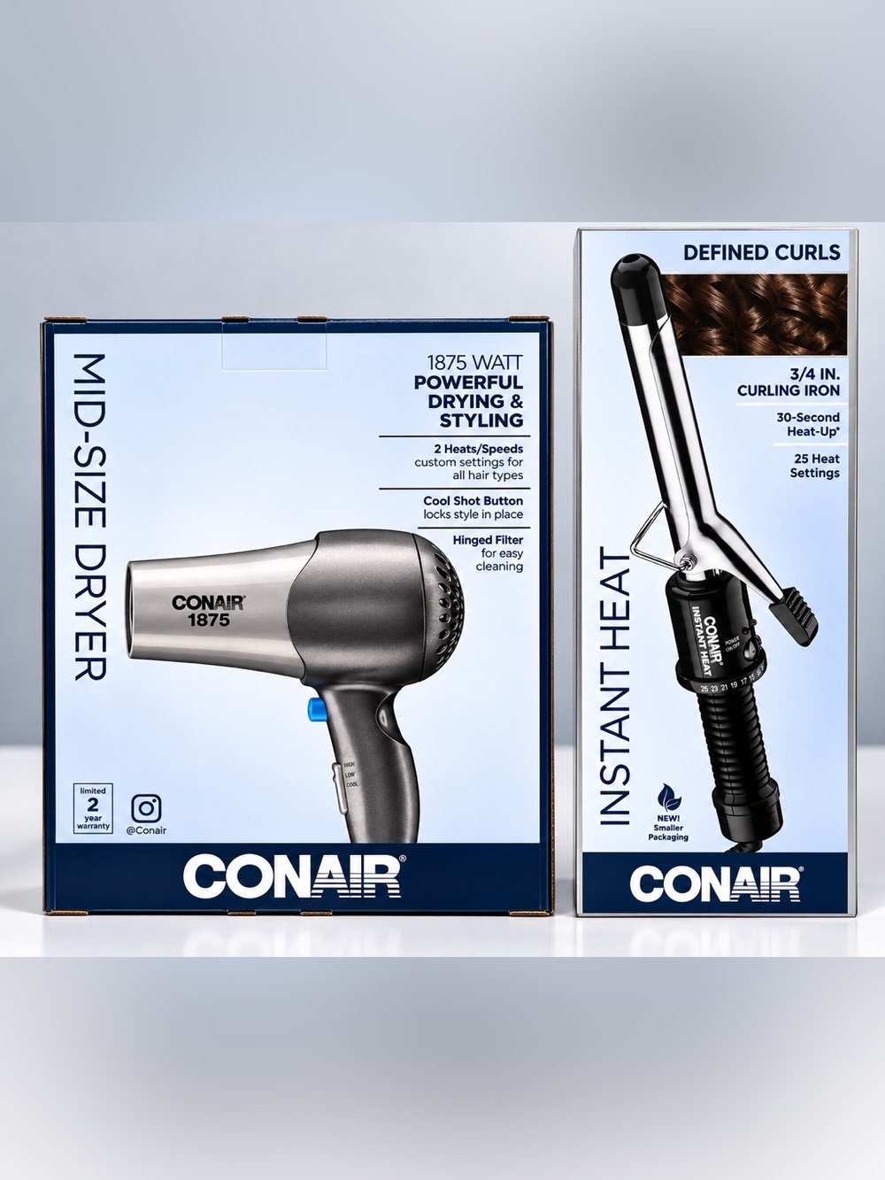 Conair 1875W Silver & Black Mid-Size Hair Dryer - Powerful Drying & Styling